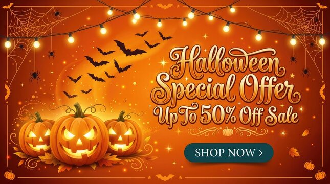 Spooky savings halloween sale banner with jack o' lanterns up to 50 off deals