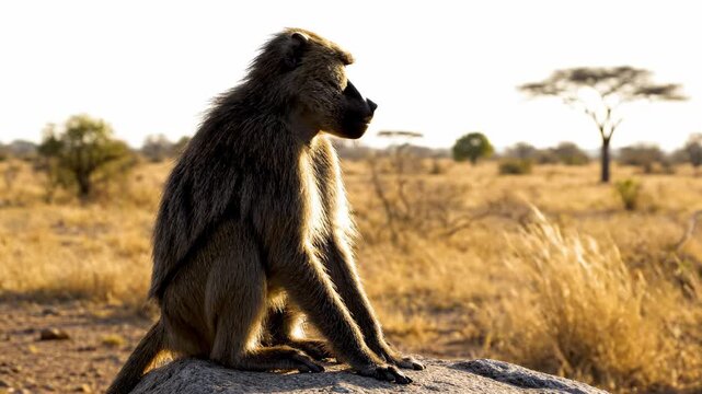 A wild baboon sits patiently upon a large stone while observing the sprawling African savannah landscape as the sun casts a golden glow across the dry grass and distant acacia trees