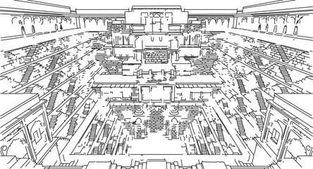 Fototapeta premium Ancient Indian Stepwell Architectural Line Art Illustration