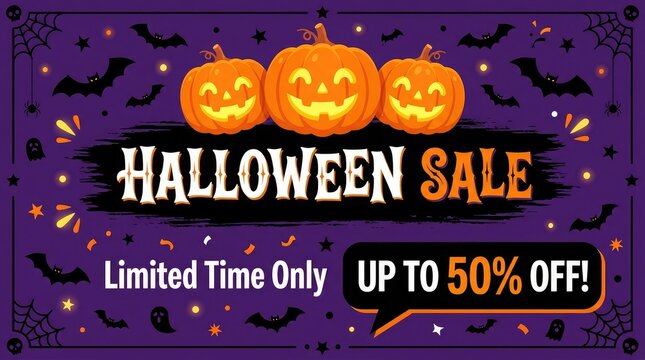 Spooky halloween sale banner up to 50 off jack o' lanterns bats and cobwebs for festive promotions