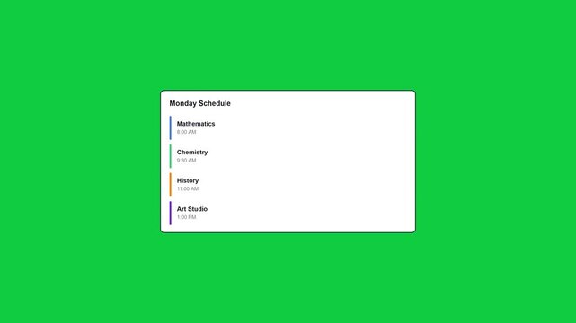 2D motion graphics animation of a daily Monday schedule UI card with various school subjects.