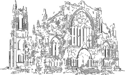 Fototapeta premium Detailed Architectural Sketch of Medieval Gothic Cathedral Ruins
