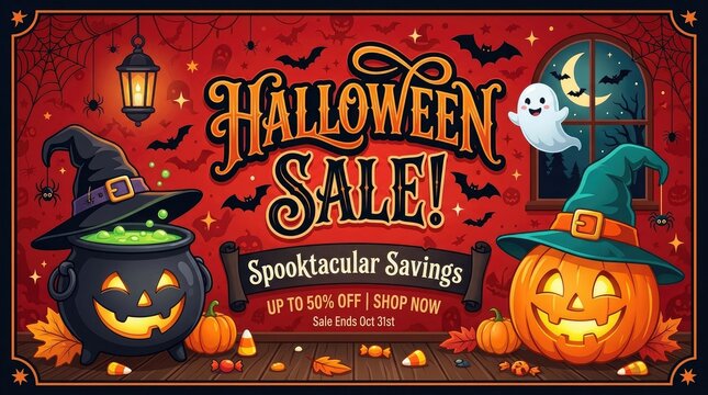 Spooky halloween sale banner up to 50 off halloween decorations costumes party supplies limited time offer