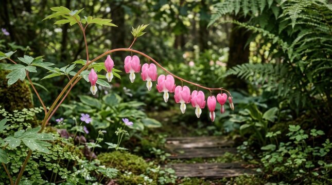 Elegant classic public park garden layout featuring romantic climbing bleeding heart flower vine arches and footpaths