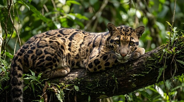 Clouded leopard resting on tree branch in dense jungle perfect for International Clouded Leopard Day