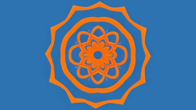 Orange mandala forms expand and contract on blue background with black divisions