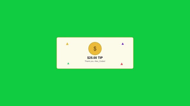 2D motion graphics animation of a digital tipping or donation UI showing an increasing dollar amount.