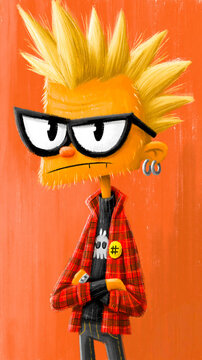 Punk rock boy with spiky blonde hair and glasses standing against orange background