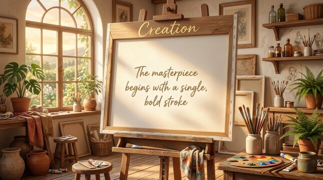 Artist's studio with a blank canvas on an easel, inspiring quote, brushes, paints, and natural light flowing through large windows.