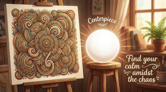 Artist's studio with mandala painting on easel and glowing orb, inspiring calm amidst chaos