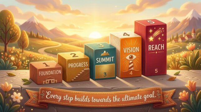 Ascending Blocks Representing Foundation, Progress, Summit, Vision, and Reach Towards Goal Under Sunrise Sky