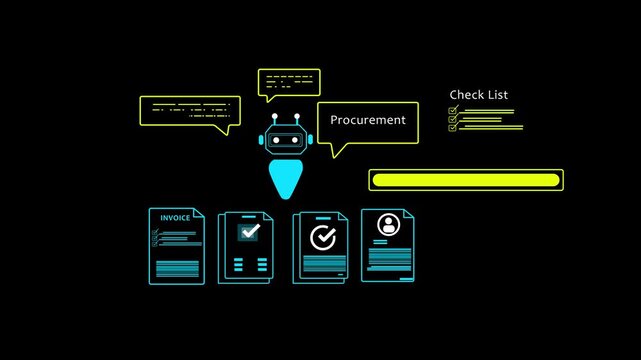 AI-powered procurement system concept with chatbot and digital invoice icons on mobile device, representing automation in B2B purchasing and mobile supply chain management solutions.