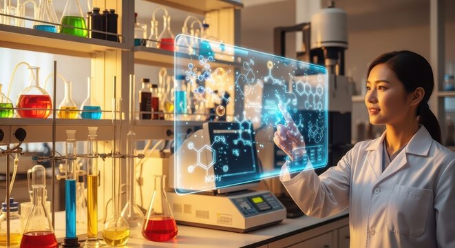 Asian scientist in lab coat interacting with futuristic holographic display showing molecular structures, symbolizing scientific research and innovati