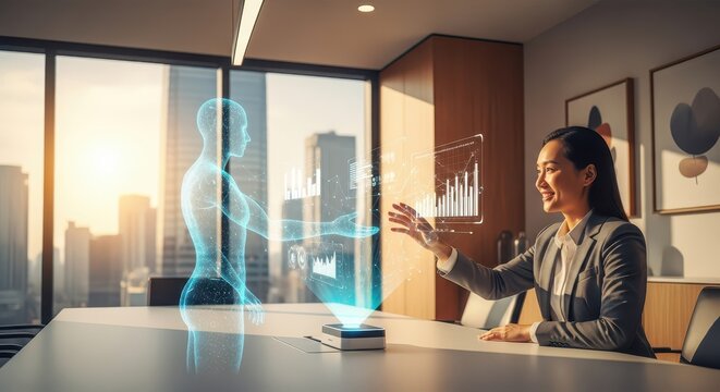 Asian Woman Interacting with Futuristic Holographic Interface Showing Data and Human Figure in Modern Office