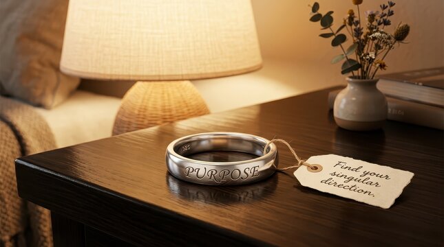 A silver ring engraved with the word 'PURPOSE' rests on a wooden table next to a tag with a motivational quote about finding direction.