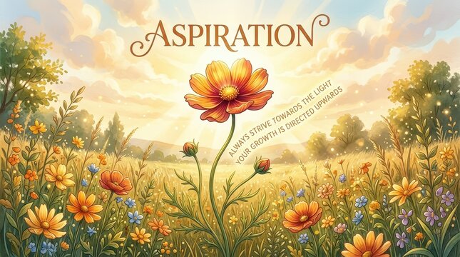 Aspiration concept: vibrant wildflower meadow at sunrise with inspiring quote, symbolizing growth and hope