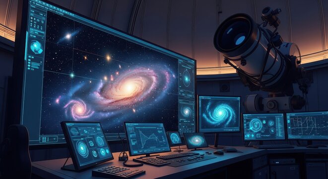 Astronomical Observatory Control Room with Large Screen Displaying Galaxy and Multiple Monitors Showing Data