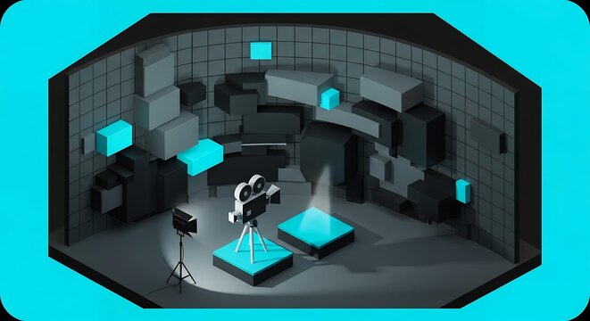 Abstract Cinematic Studio Set Design with Geometric Architecture and Camera Setup Render