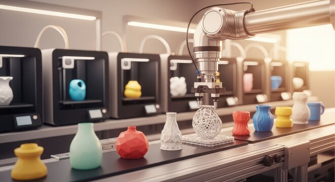 Automated 3D printing production line with robotic arm and multiple printers creating colorful vases, showcasing modern manufacturing technology.