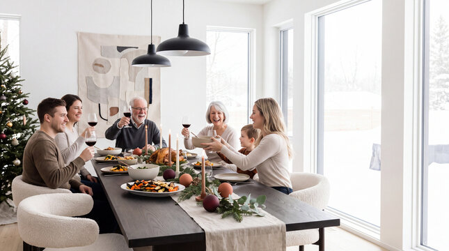 Multigenerational family sharing Christmas dinner at a beautifully set table in a bright modern dining room