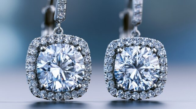 Stunning close-up of elegant diamond earrings featuring brilliant round cut stones surrounded by sparkling smaller stones in a luxurious setting