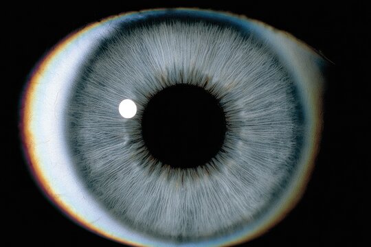 Extreme close-up of a light blue iris with intricate patterns and a dark pupil