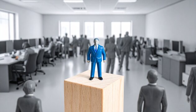 "Blue figurine leader standing before group"