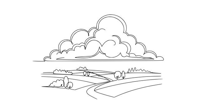 Hand-drawn landscape with rolling hills, winding path, and dramatic cloud formation