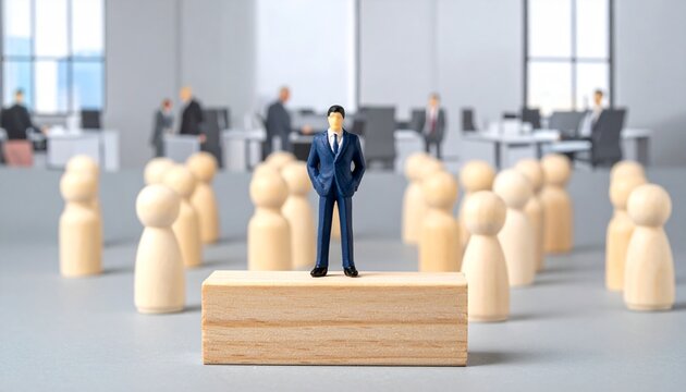 "Blue figurine leader standing before group"