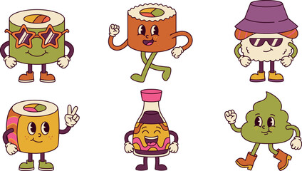 Retro vintage cartoon sushi maki character vector collection with soy sauce wasabi isolated on transparent background © Honey Qween!