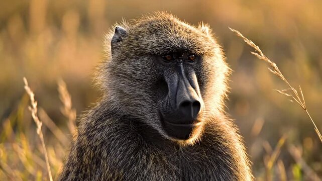 A wild chacma baboon sits peacefully in the golden grass of the African savanna at sunrise while observing the surroundings with calm and intelligent eyes during a quiet morning in the dry bush