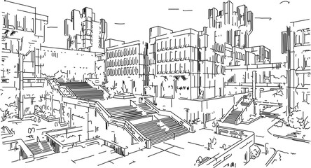 Fototapeta premium Brutalist Architecture Sketch of a Modern Urban Complex