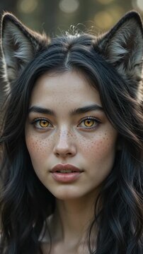 Beautiful woman with wolf ears and glowing yellow eyes in forest. Lycanthrope. Vertical video