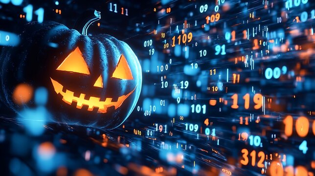 Futuristic halloween background with a carved pumpkin head surrounded by flowing streams of binary data