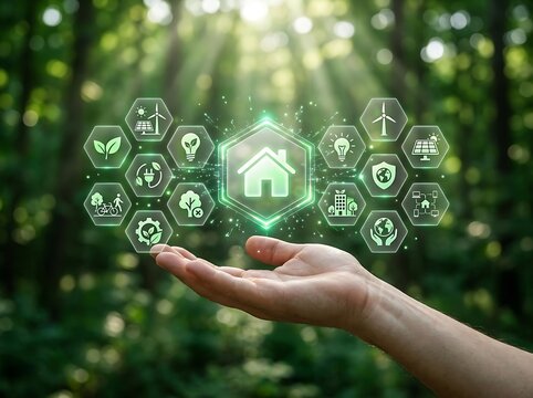 Sustainable Smart House with Renewable Energy Icons Representing Eco Innovation Climate Responsibility and Future Ready Living