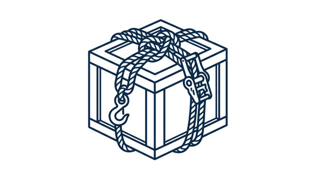 Secured wooden crate with metal chains and hooks illustration.