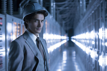 Fototapeta premium Confident male engineer electric worker power distribution control room safety helmet gray suit modern technology industrial interior corridor professional pose Confident male engineer electric