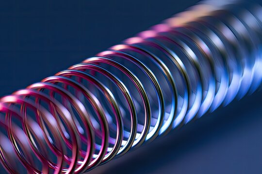 A metallic spiral with iridescent hues of pink, blue, and purple