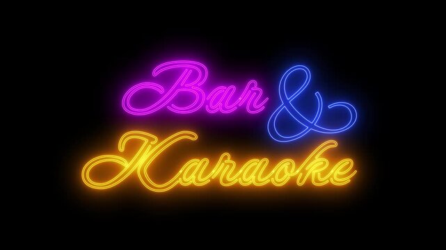 Bar and karaoke neon sign advertisement text An animated neon "BAR AND KARAOKE" text sign glowing as a night advertisement light, vintage style illuminated signage.
