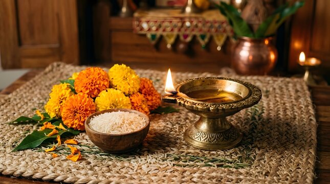 Traditional Hindu ritual offering with marigold flowers and candles perfect for Ker Puja