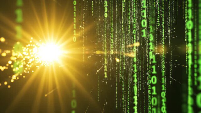 Digital tunnel with falling green binary code and bright yellow light flare