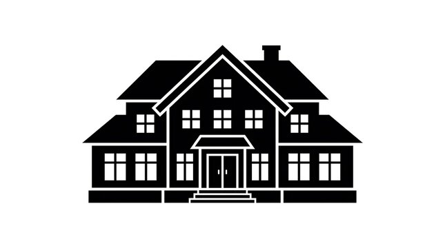Black silhouette icon of a large suburban house isolated on white background