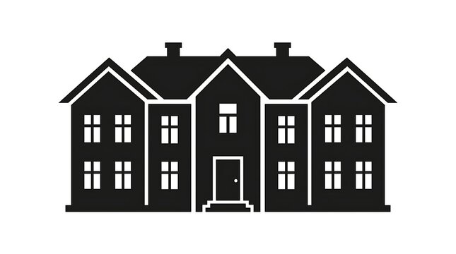 Black silhouette icon of a large house with multiple windows and a central entrance