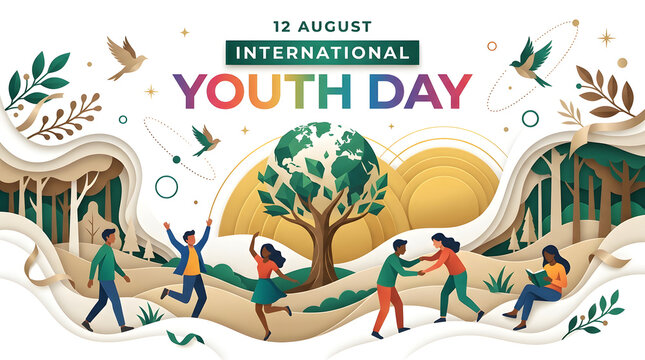 International youth day illustration featuring nature conservation and active students, international