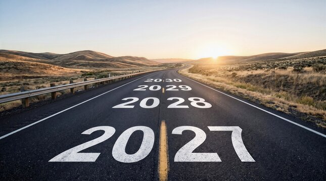 Asphalt Road Into the Future with New Year Concepts numbers from 2027 to 2030