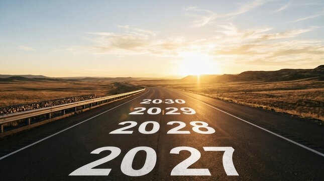 Road to the Future with Year Numbers 2027 to 2030 on Asphalt Street at Sunrise