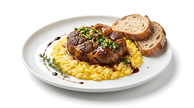 Braised veal shank osso buco with saffron risotto and rustic bread