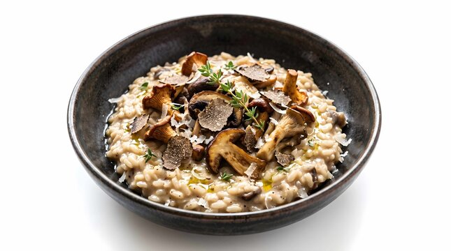 Creamy mushroom risotto with truffles and fresh herbs in a bowl