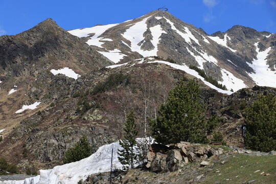 Mountain landscape in spring in the Ordino-Arcalis ski resort in Andorra