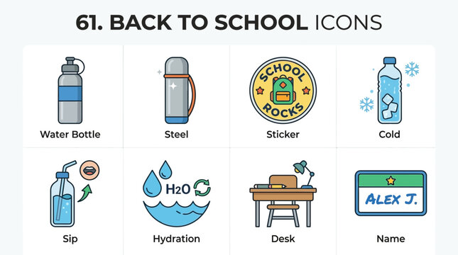 Back to School Icons: Water Bottle, Thermos, Sticker, Cold Drink, Desk, Name Tag